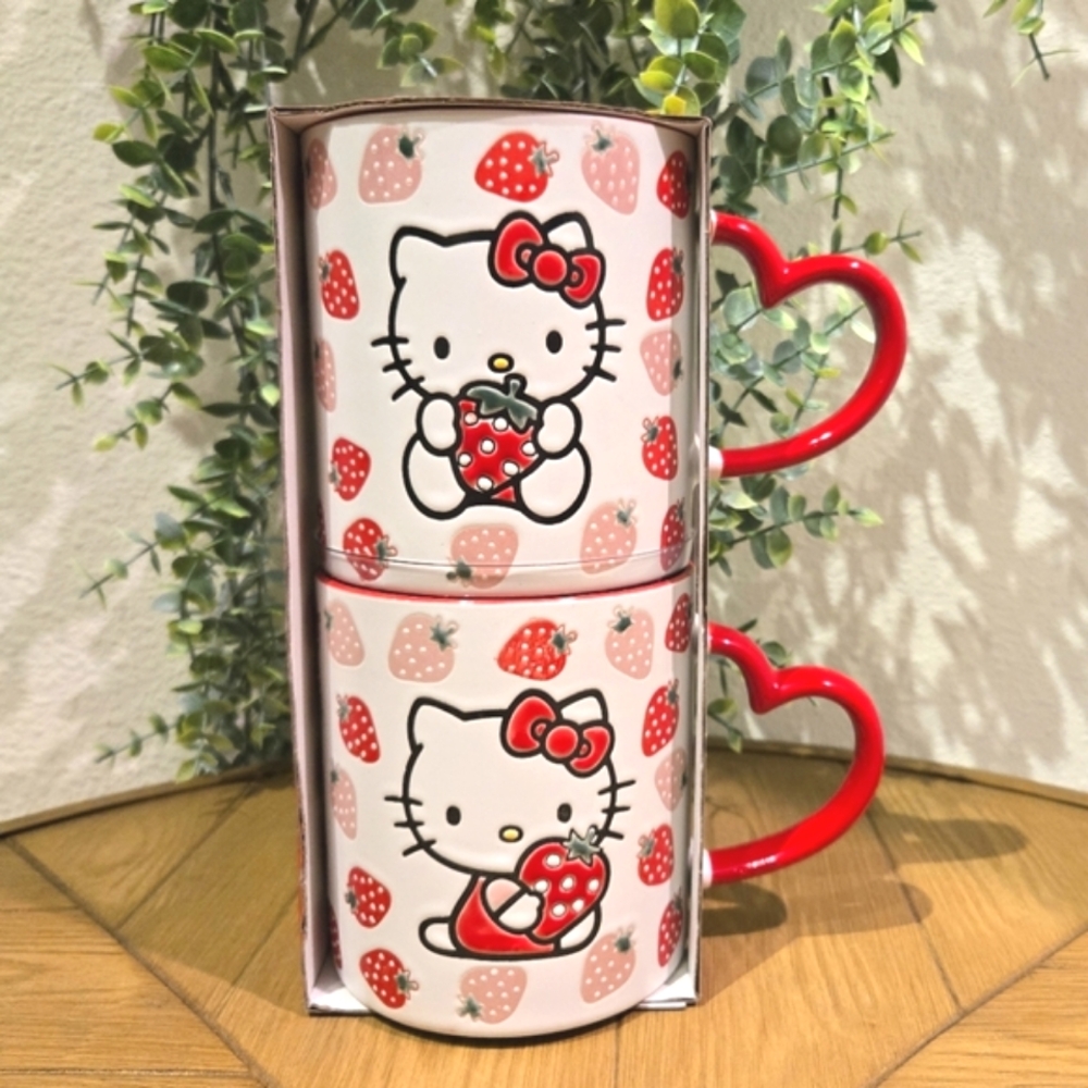 Limited Edition: Hello Kitty Set of 2 Large Strawberry-Themed Mugs Heart Handles